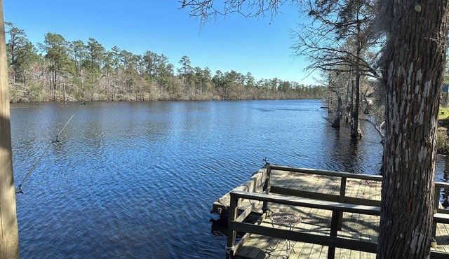 Charming 2-bedroom riverside cottage near beaches with huge bar and deck to fish